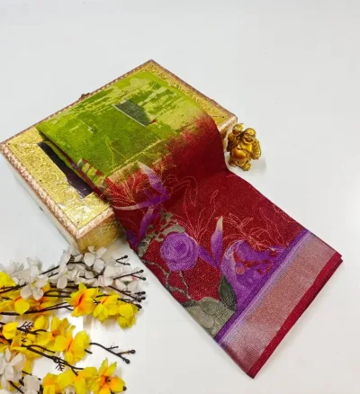 Large Floral & Leaf Print Design Soft Linen-Cotton Saree